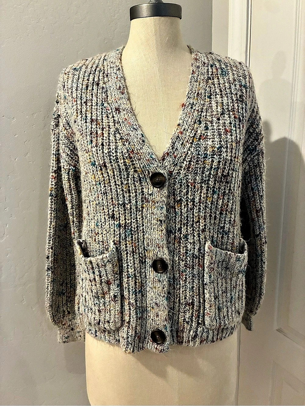 Knox Rose Chunky Confetti Knit Button Front Patch Pocket Cardigan Sweater size S